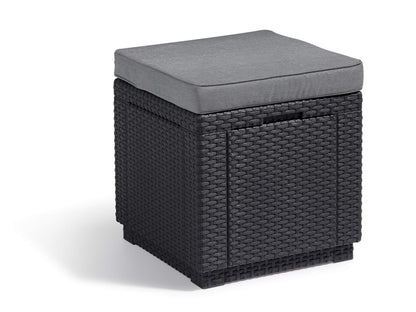 Allibert by Keter Cube Hocker mit Stauraum inkl. Kissen, grau, aus Kunststoff in flacher Rattanoptik