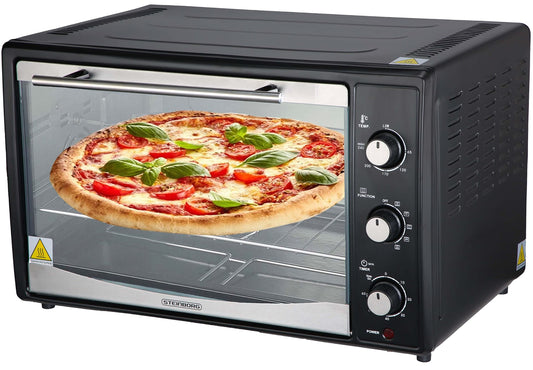 Minibackofen 45 Liter Umluft mit Drehspiess – 1800 Watt. Rechteckiger Ofen mit Fronttür. Zum Backen, Braten und Grillen mit Umluft und Drehspiess.