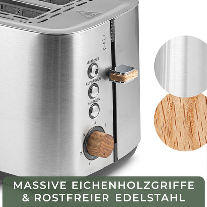 WALDWERK Design Toaster – Edelstahl Eiche mit Brötchenaufsatz 2 Scheiben