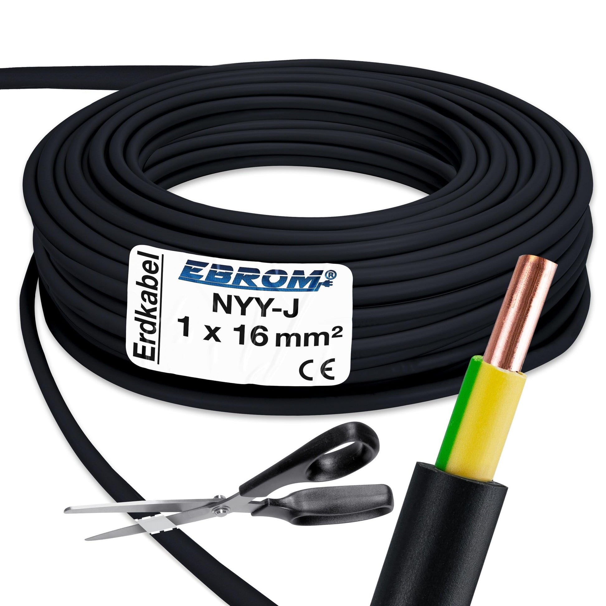 EBROM NYY-J 1x16 mm² Erdungskabel schwarz - 50 Meter. Schwarzes Kabel zur Erdung in Elektroinstallationen.