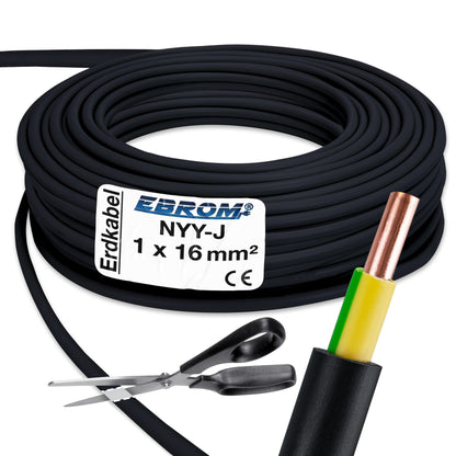 EBROM NYY-J 1x16 mm² Erdungskabel schwarz - 50 Meter. Schwarzes Kabel zur Erdung in Elektroinstallationen.