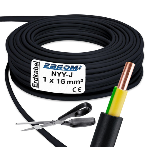 EBROM NYY-J 1x16 mm² Erdungskabel schwarz - 50 Meter. Schwarzes Kabel zur Erdung in Elektroinstallationen.