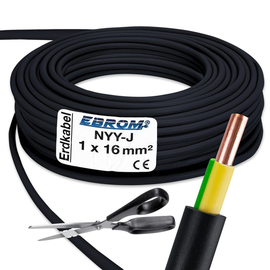 EBROM NYY-J 1x16 mm² Erdungskabel schwarz - 50 Meter. Schwarzes Kabel zur Erdung in Elektroinstallationen.
