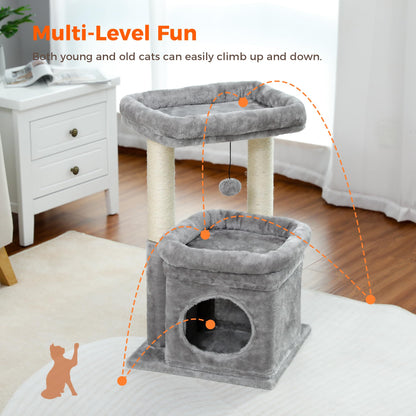 PAWZ Road Katzenbaum klein mit Sisal-Kratzbaum und Katzenhöhle, Grau