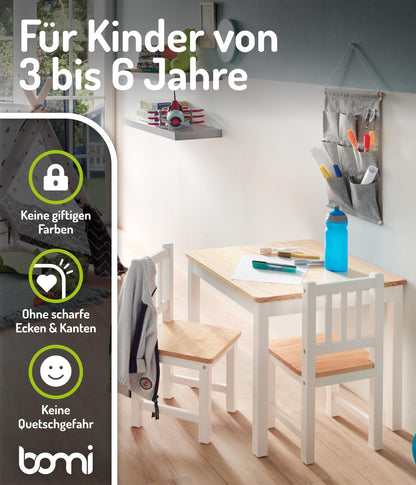 Bomi Amy Kindertisch mit 2 Stühlen Set Holz Weiss Natur