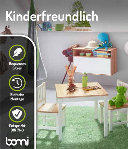 Bomi Amy Kindertisch mit 2 Stühlen Set Holz Weiss Natur