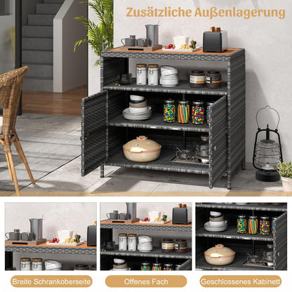 COSTWAY Gartenschrank Rattan mit Akazienholz-Arbeitsplatte, Grau