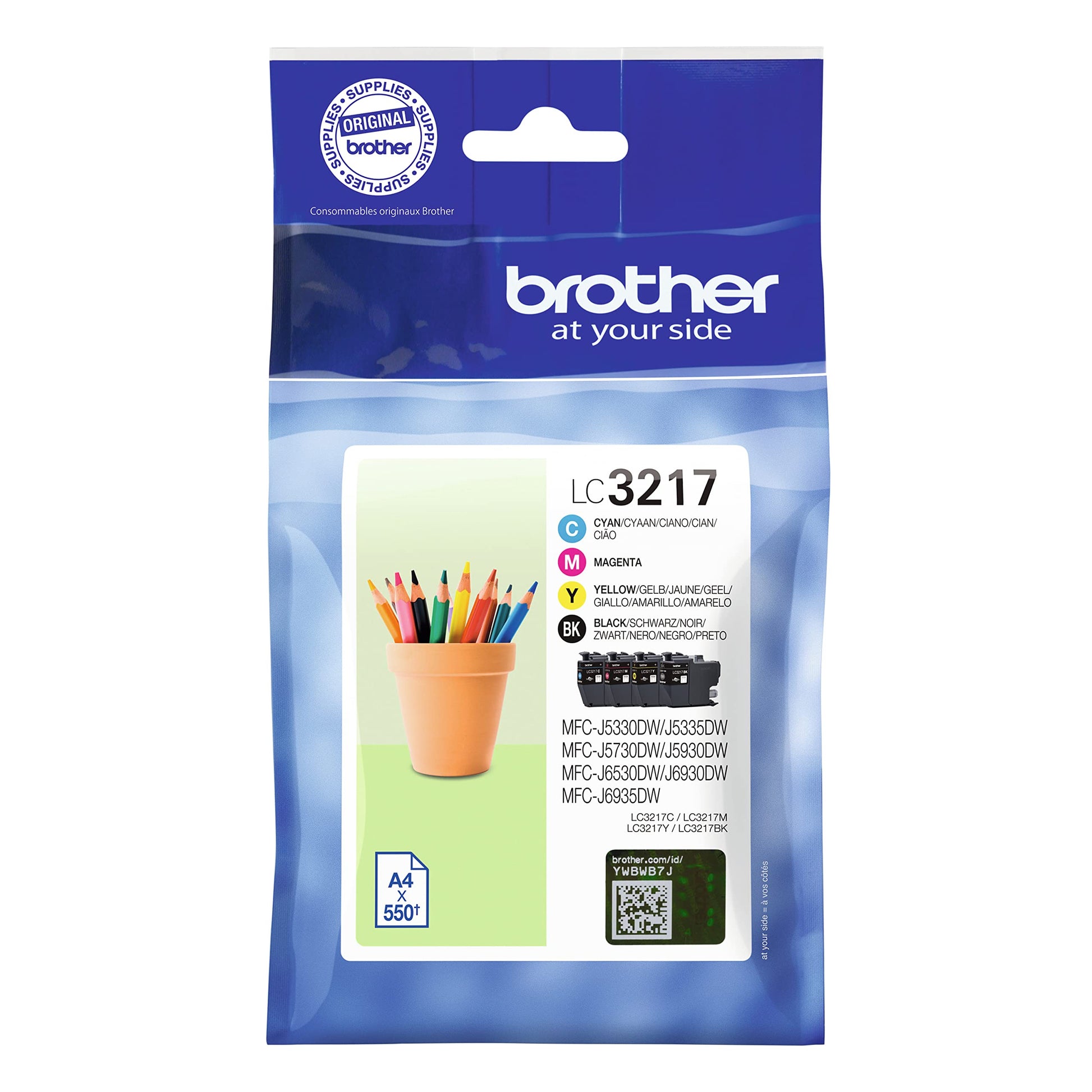 Brother LC3217VAL Tintenpatronen - Multipack Standard-Ergiebigkeit. Vier farbige Kunststoffpatronen (CMYK). Enthalten Tinte für präzise Farbdrucke.