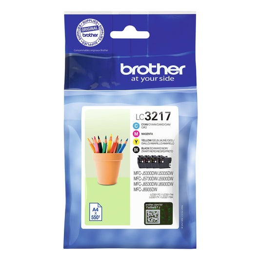 Brother LC3217VAL Tintenpatronen - Multipack Standard-Ergiebigkeit. Vier farbige Kunststoffpatronen (CMYK). Enthalten Tinte für präzise Farbdrucke.