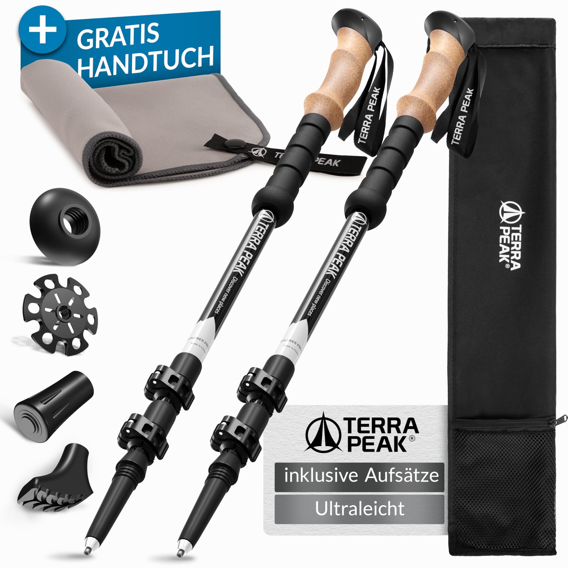Terra Peak Wanderstöcke Teleskop Aluminium verstellbar mit Korkgriff und Gummipuffer