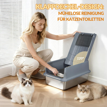 Fobyfurny Edelstahl-Katzenklo XXL geschlossen mit Deckel, Cremegrau