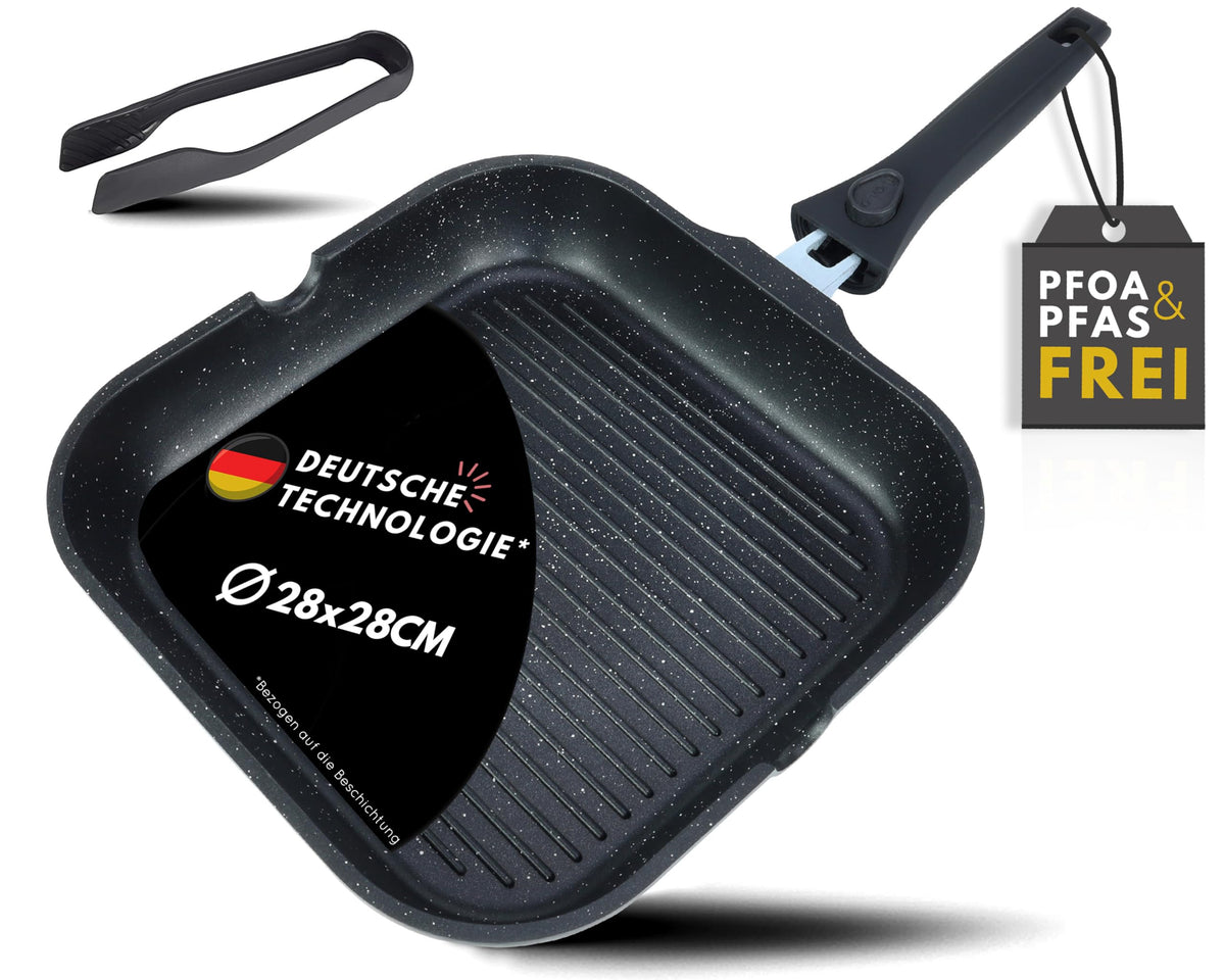 DIVORY Grillpfanne 28 cm mit abnehmbarem Griff, induktionsgeeignet – quadratisch, gerippte Bratfläche