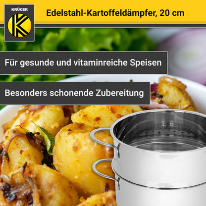 Krüger Edelstahl-Kartoffeldämpfer 20 cm Dampfgarer mit Glasdeckel