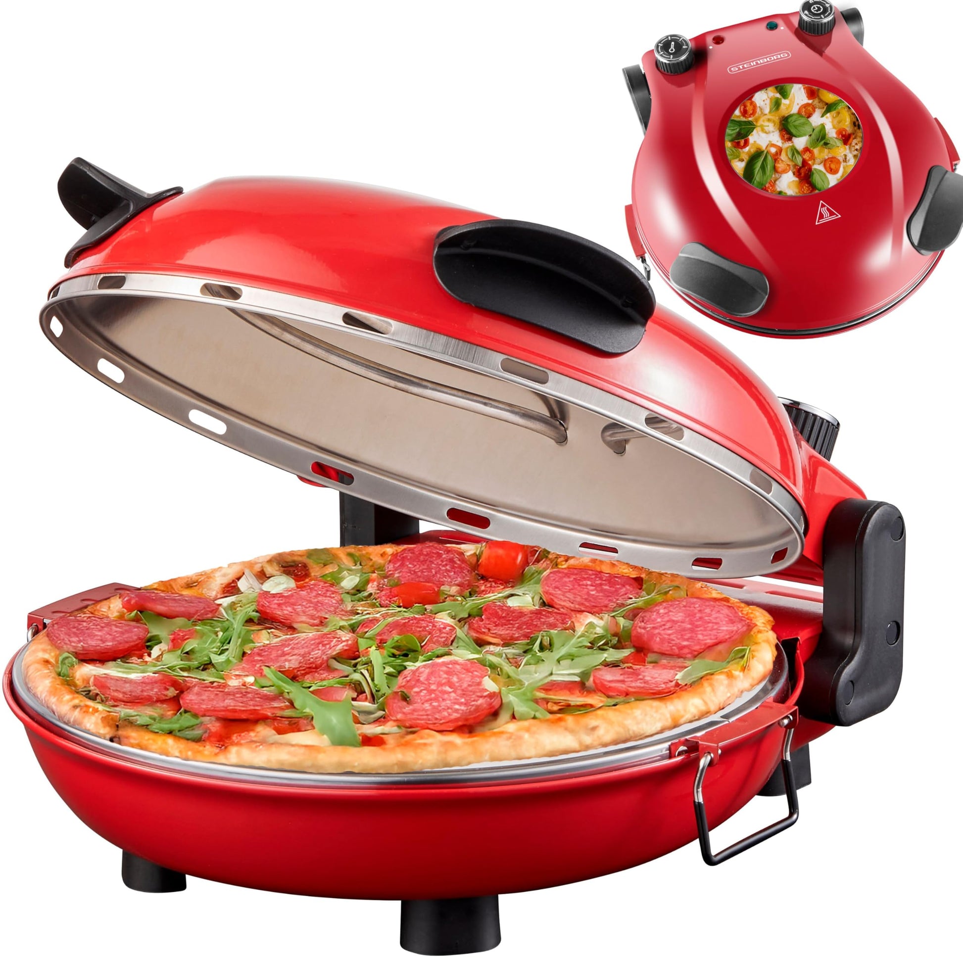 Steinborg Pizzaofen elektrisch mit 32 cm Schamottestein, 390 °C – rotes Gehäuse mit Sichtfenster