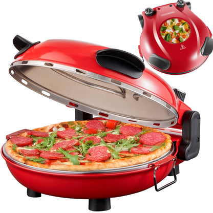 Steinborg Pizzaofen elektrisch mit 32 cm Schamottestein, 390 °C – rotes Gehäuse mit Sichtfenster