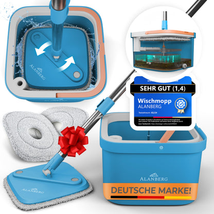 ALANBERG® Wischmopp Eimer Set 2-Kammer Bodenwischer – Blau. 2-Kammer-System zur Bodenreinigung: Nass- und Trockenwischen.