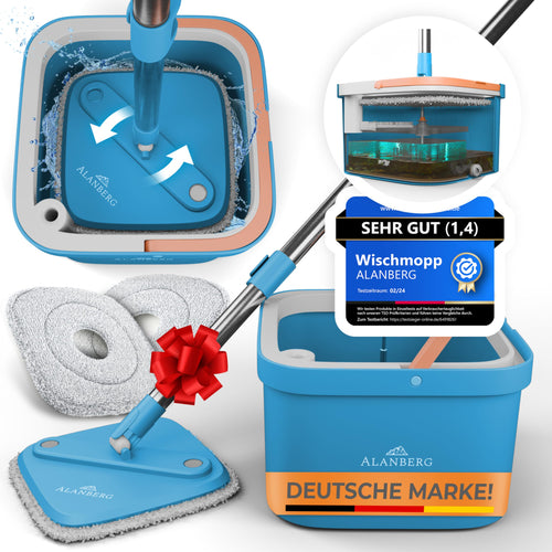 ALANBERG® Wischmopp Eimer Set 2-Kammer Bodenwischer – Blau. 2-Kammer-System zur Bodenreinigung: Nass- und Trockenwischen.