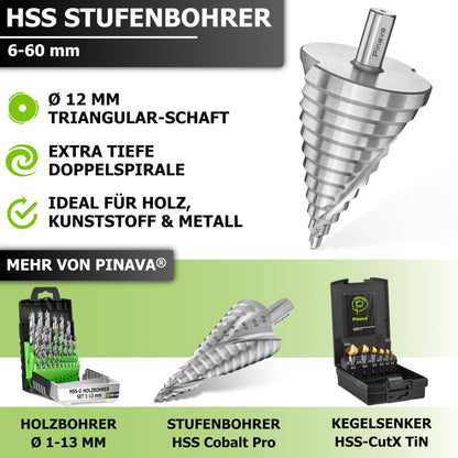 Pinava HSS Stufenbohrer 6-60 mm, Kegelbohrer für Metall und Holz