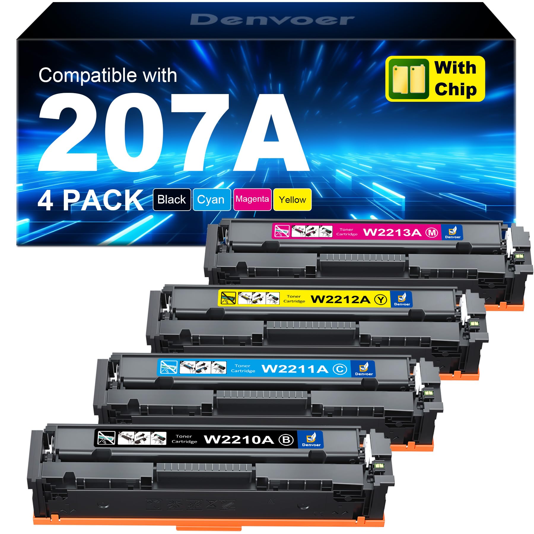 Denvoer 207A Toner 4er-Pack kompatibel für HP Color LaserJet Pro, 4 Tonerkartuschen in Schwarz, Cyan, Magenta und Gelb