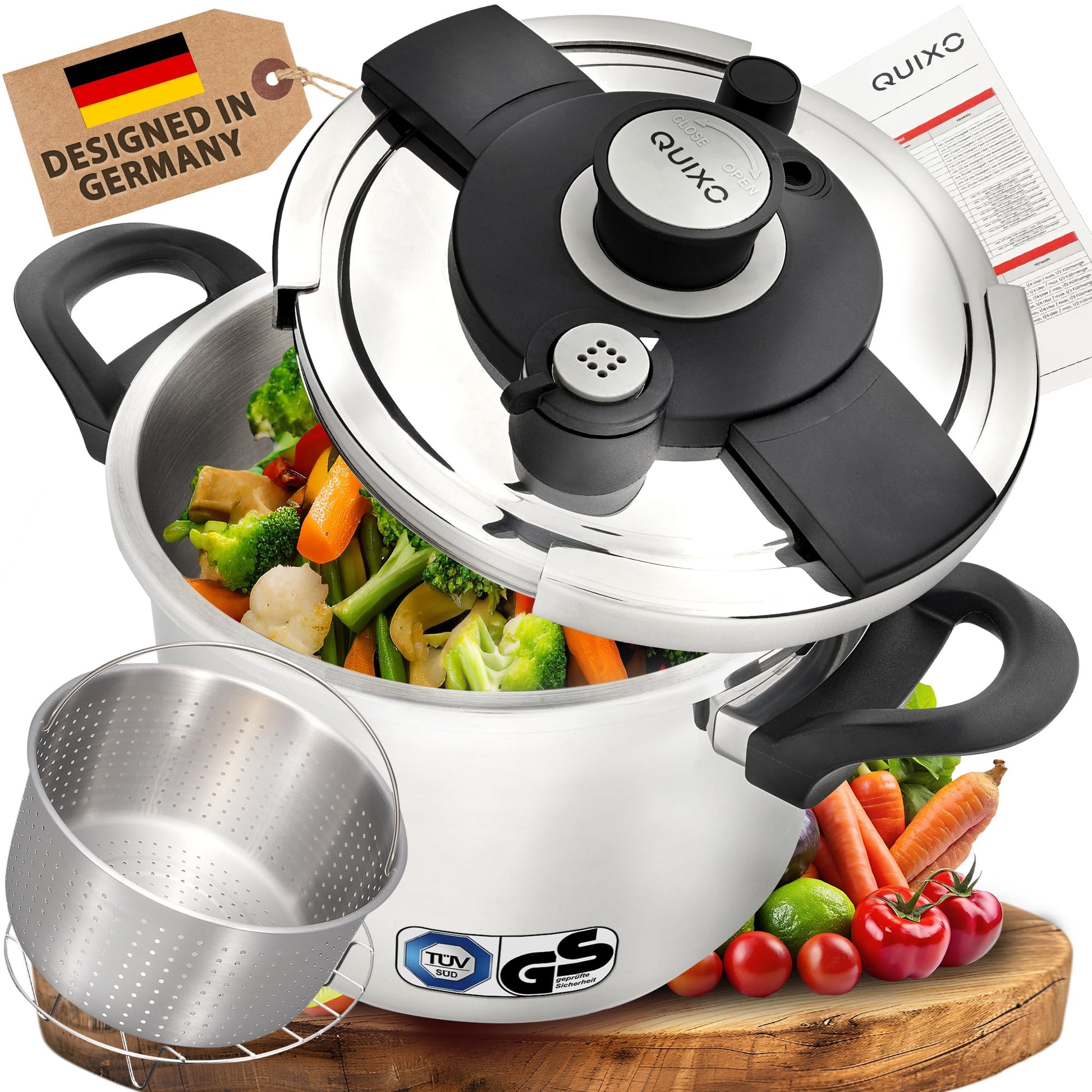 QUIXO VitaSmart Schnellkochtopf 6l – Kochzeitsignal. Zylindrischer Edelstahltopf. Druckgaren mit integriertem Kochzeitsignal für vitaminschonende Zubereitung.
