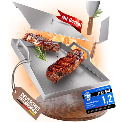 Waldmeister BruzzPlate Plancha Grillplatte Edelstahl 40x30 cm mit Deckel und Grillspachteln