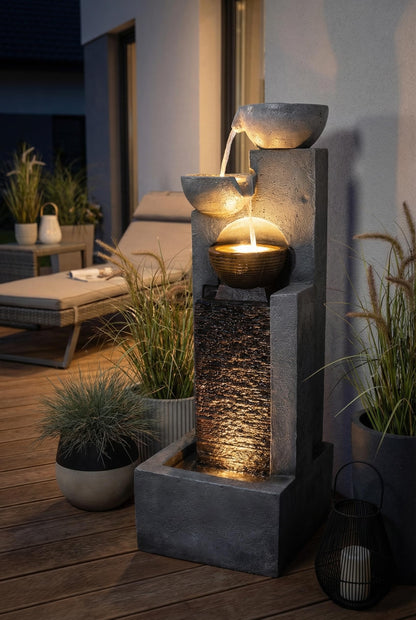 Arnusa Gartenbrunnen BK843 mit LED-Wasserfall, 109 cm, Steinoptik Grau
