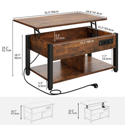 YITAHOME Anhebbarer Couchtisch LED Stauraum Vintage-Braun