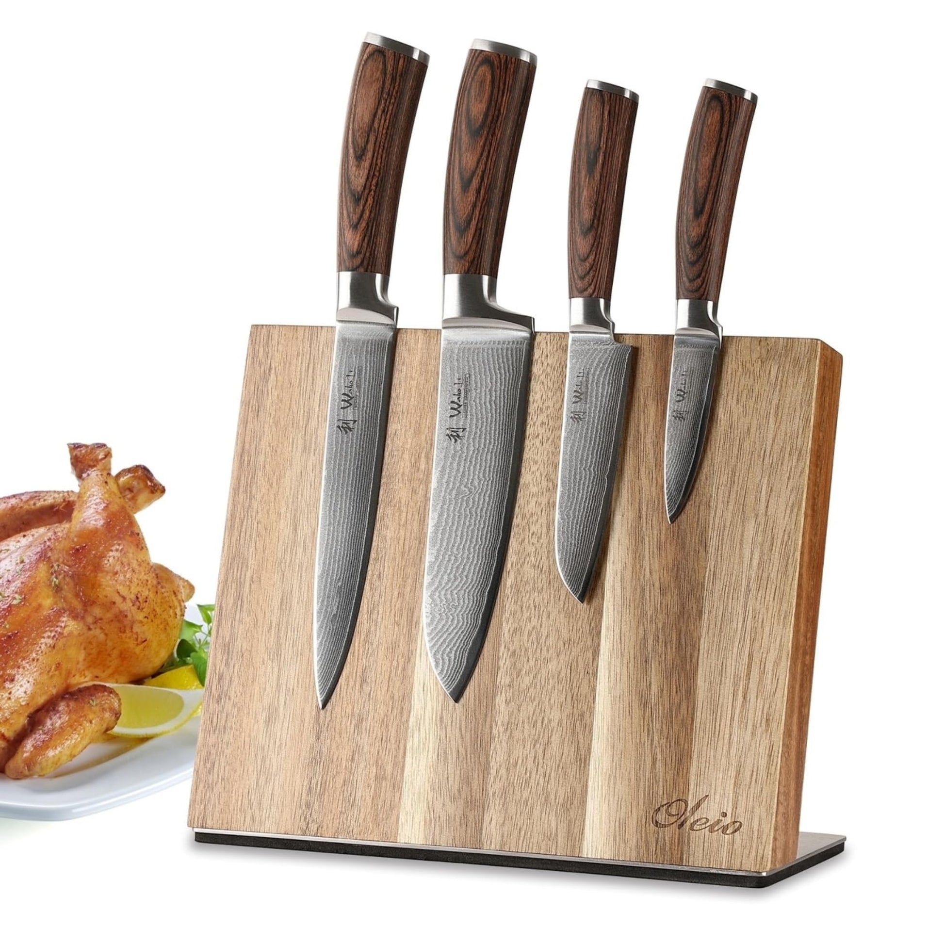 Wakoli EDIB Damastmesser-Set 4-tlg. – Magnetisches Messerbrett. Damastmesser und magnetisches Holzbrett zum Schneiden und Lagern.