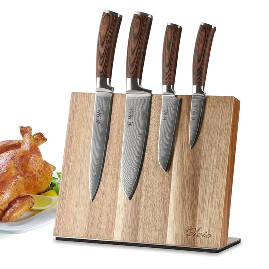 Wakoli EDIB Damastmesser-Set 4-tlg. – Magnetisches Messerbrett. Damastmesser und magnetisches Holzbrett zum Schneiden und Lagern.