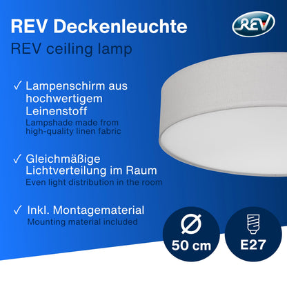REV Deckenleuchte – Rund 50cm Stoffschirm Vintage Grau