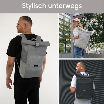 LARKSON No 4 Rolltop Rucksack Grau mit Laptopfach, wasserabweisend