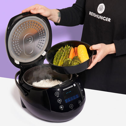 REISHUNGER Starter Set Digital-Reiskocher & Dampfgarer Schwarz mit Reis