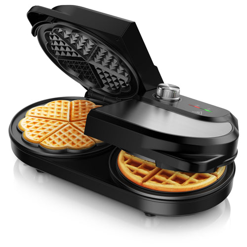 Arendo Doppel-Waffeleisen Belgische Waffel und Herzform, 1400 W aus Edelstahl in Silber und Schwarz