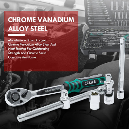 CCLIFE Steckschlüsselsatz 218-teilig Cr-V - 1/2" 1/4" 3/8" Ratschenkoffer