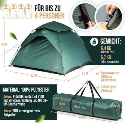 Vulnora Pop Up Zelt 4 Personen – Wurfzelt wasserdicht mit UV-Schutz