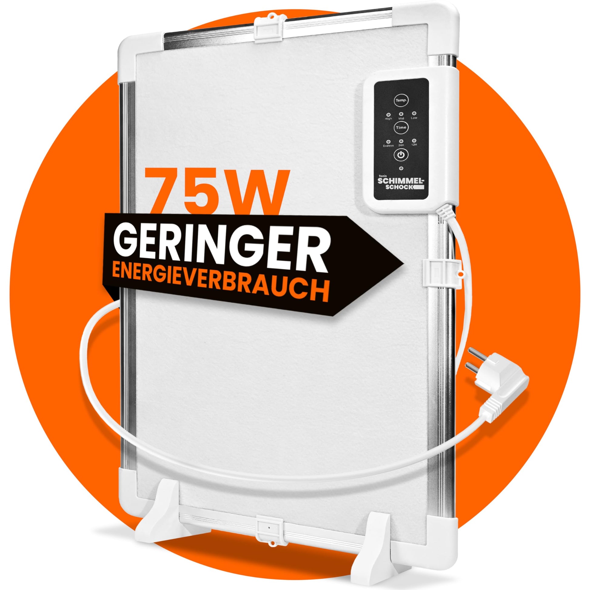 Tonis SCHIMMELSCHOCK Anti-Schimmelheizung mit Thermostat. Kompaktes, weißes Gerät. Verhindert Schimmel durch Lufterwärmung.