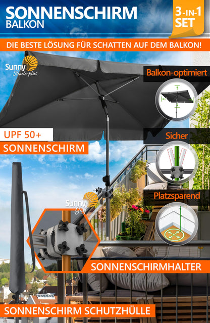 4smile SunnyShade Balkon-Sonnenschirm 3-in-1 Set Anthrazit UPF 50+