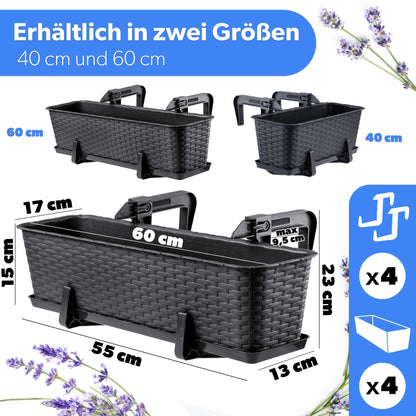 KADAX Blumenkasten 60 cm 4er Set Balkonkasten Kunststoff Anthrazit