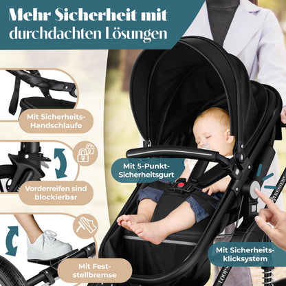KESSER Loops 4-in-1 Kombikinderwagen mit Babyschale, Schwarz