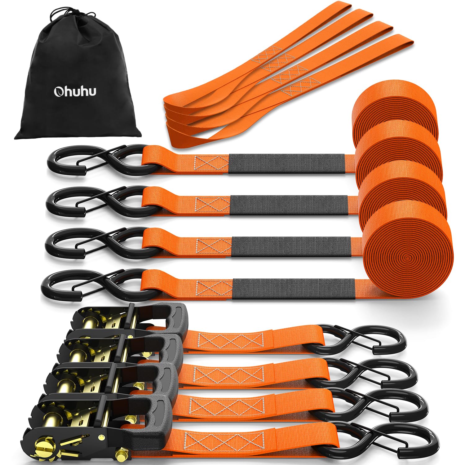 Ohuhu Spanngurte mit Ratsche 4er Set Schwerlast 4,6 m orange – Ratschengurte mit gummierten S-Haken zur Ladungssicherung