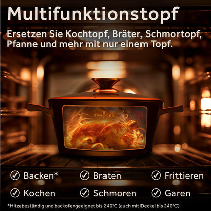 ZWIEGER 3-in-1 Brottopf 24 cm – Brotbackform mit Deckel, Schmortopf mit Deckel – Vollflächiger Edelstahlboden – Für alle Herdarten geeignet – Antihaft Bräter, PFOA-&PFOS-Frei