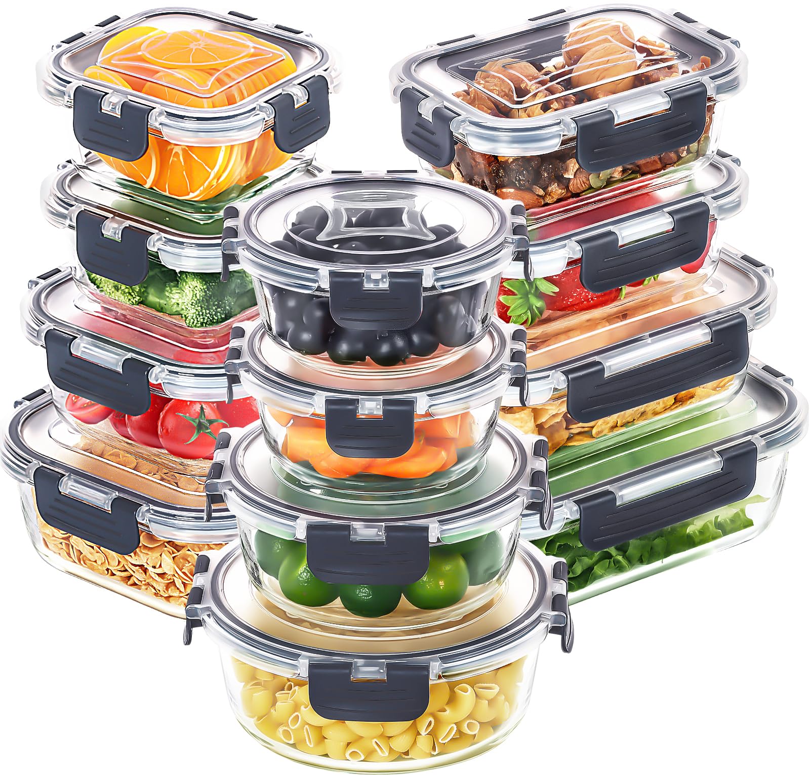 Skroam Glasbehälter Set mit Deckel, 24-teilig, BPA-frei: durchsichtige Glasbehälter mit luftdichten Deckeln
