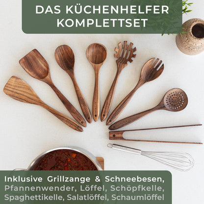 WALDWERK Küchenhelfer Set aus Teakholz, 9-teilig, mit Grillzange