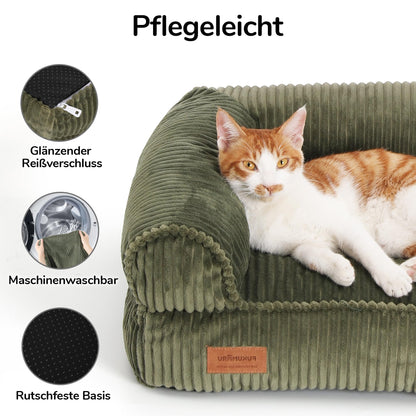 FUKUMARU Katzensofa Cord, waschbares Katzen- & Hundebett, M, Grün