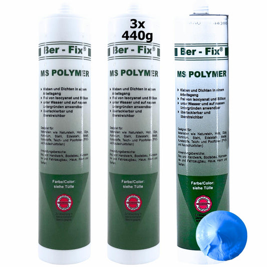 Ber-Fix MS Polymer Kleber Pool Abdichtung 3er Pack Pool-Blau 440g, drei blaue Kartuschen. Für Poolabdichtung und Verklebung.