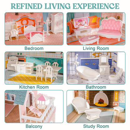 ROBUD Holz-Puppenhaus mit Möbeln & Zubehör – Kinder Spielhaus