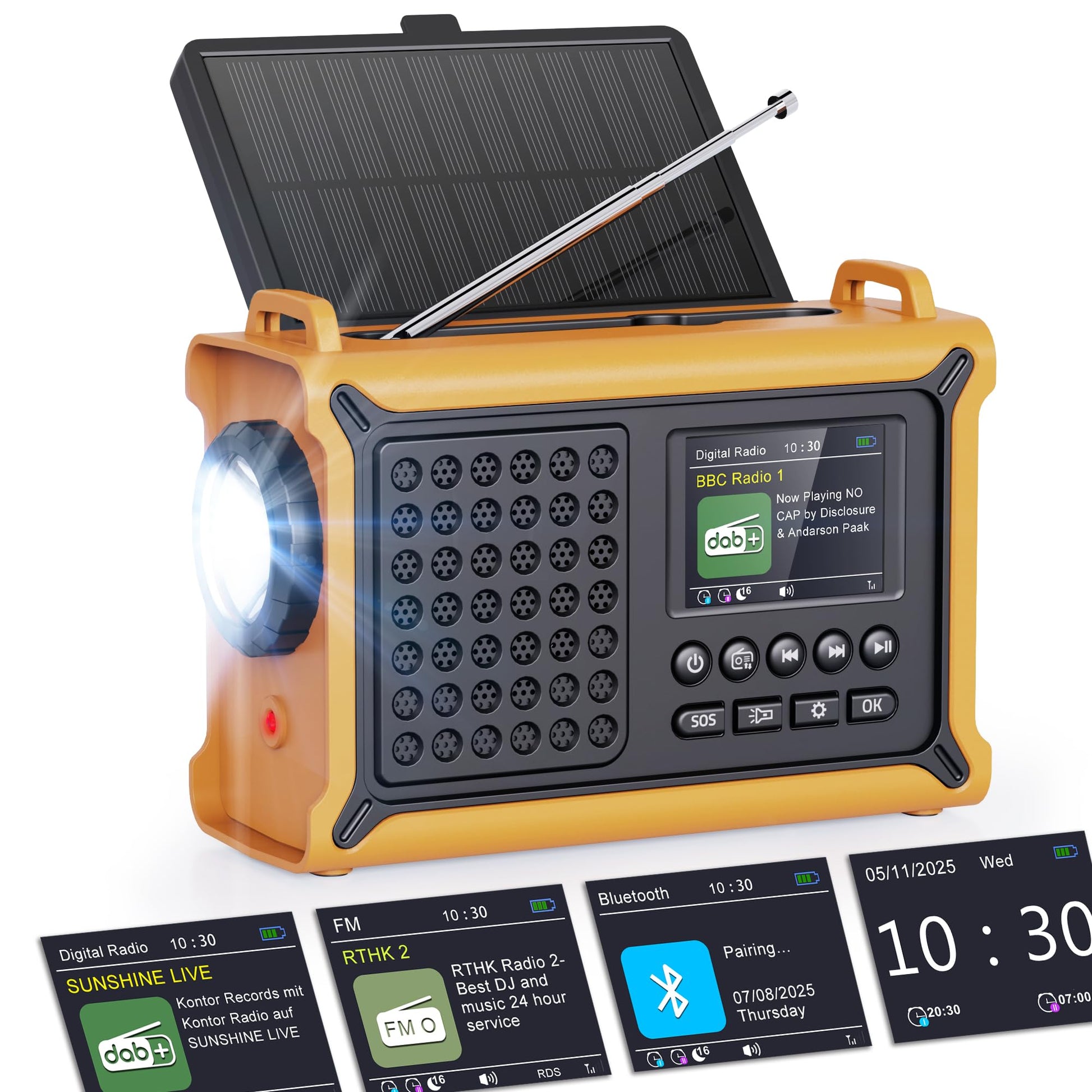 ROCAM CR1030DAB DAB+/UKW Kurbelradio mit Bluetooth & Solarpanel – Farbdisplay, Handkurbel und Trageband