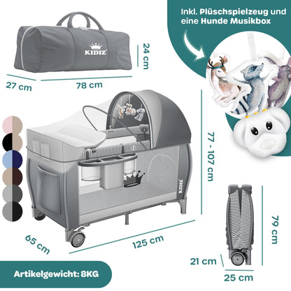 Kidiz Reisebett Baby klappbar 120x60 Grau mit Matratze