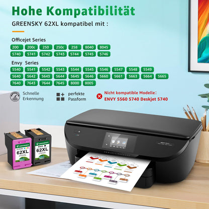 GREENSKY 62XL Druckerpatronen kompatibel für HP 62, Schwarz + Farbe