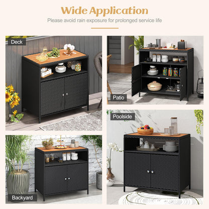 COSTWAY Gartenschrank Rattan mit Akazienholz-Arbeitsplatte, Schwarz